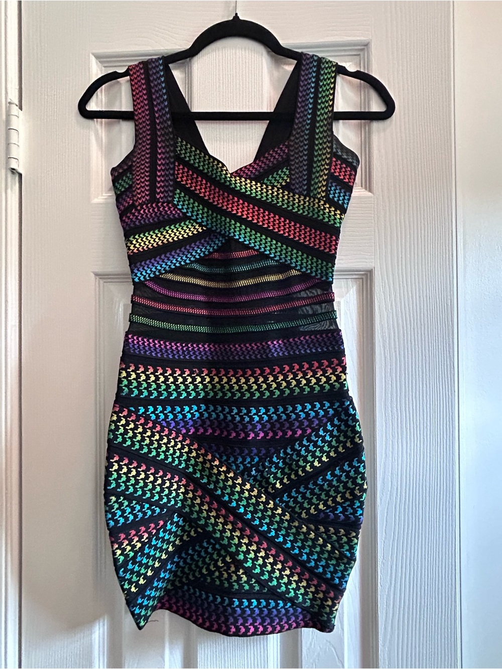 Katie J NYC Black Neon Rainbow Striped Bandage Mini Dress